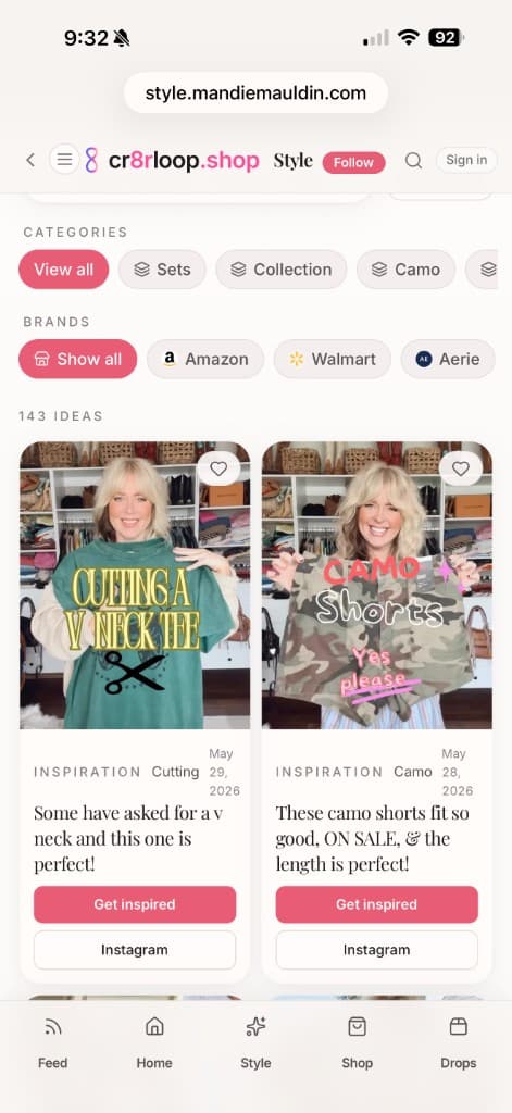 Style page with category filters and inspiration grid
